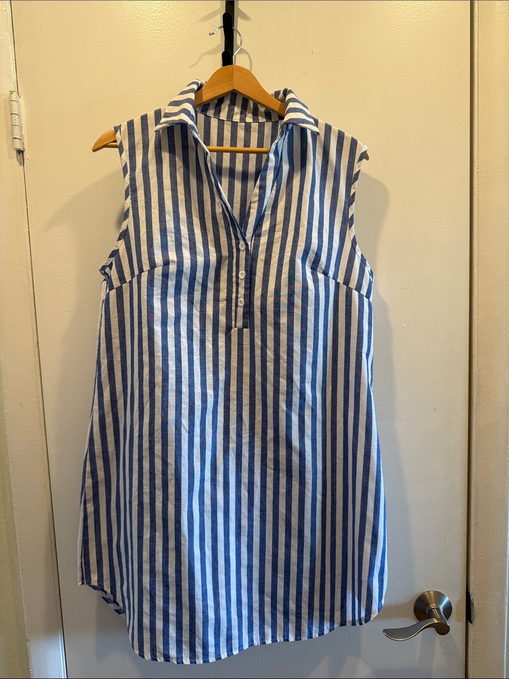 Sleeveless Blue and White Striped Midi Shirt Dress